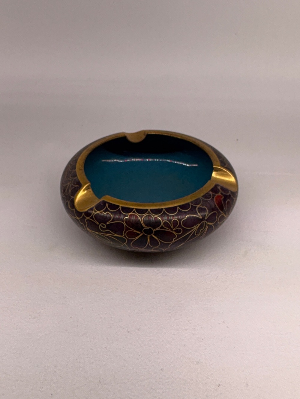 Vintage Chinese Cloisonné Enamel Ashtray Floral Brass Trinket Dish Teal Gold